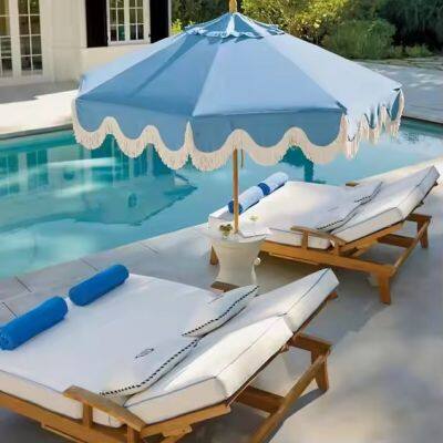 Customized Logo 7FT Luxury Tassel Fringe Beach Umbrellas Wholesale Outdoor Patio Umbrella Aluminum Pole Tilt Mechanism Hand-cranked Model