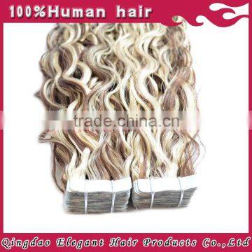 Grade 7A double drawn #613 skin weft russian virgin hair blonde curly tape hair extensions