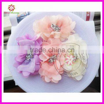 Chiffon rhinestone flower, chiffon hair flower with rhinestones, chiffon pearls flower