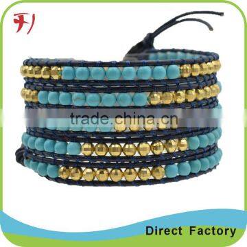 Wholesale Chinese Supplier Howlite Stone Mix Magnetic Bead Wrap Black Real Leather Bracelet