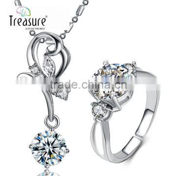 Wedding jewelry zircon pendant copper link chain necklace and ring jewellry set for wedding