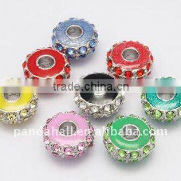 Alloy Rhinestone Beads, Enamel, Platinum , Rondelle, Multicolor, Size: about 14mm diameter, 6.5mm thick, hole: 5mm(ALRI-B002-M)