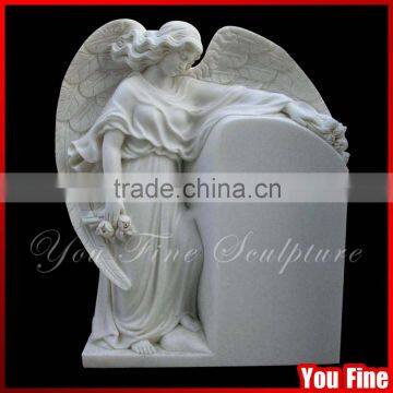 Detailed Carved Stone Angel Holding Rose White Marble Memorial