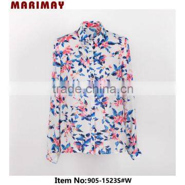 Flower printed woman chiffon long shirts designs chiffon tops