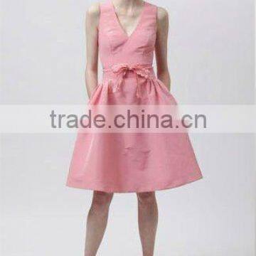 K1270 Elegant V Neck Sleeveless Knee Length Pink Evening Dress With Belt