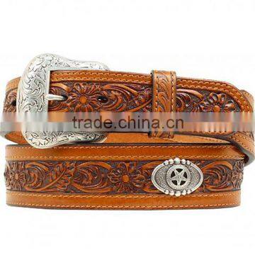 Western men floral embossed star concho leather tooled belt