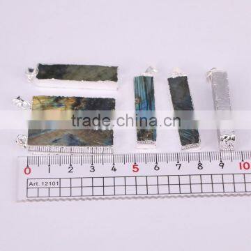 Rectangle Bar Labradorite Pendant, Silver Plated Gem Stone Pendant, Rainbow Stone Jewelry