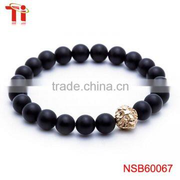 8mm Black Natural Matt Onxy Beads Lion Head Charm Bracelet, Most Popular Stainless Steel Jewelry Bracelet for Men