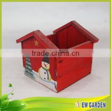 Outdoor Decorative Wooden House Shape Printing Snowman Flower Pot photo-3