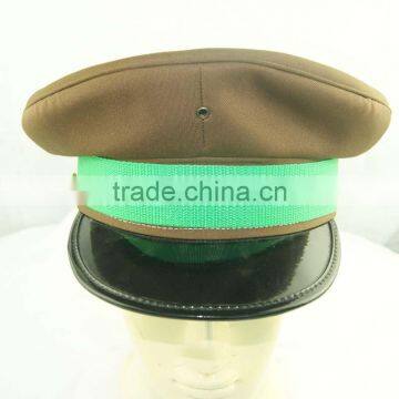 brown army hat with green ribbon for military use cap