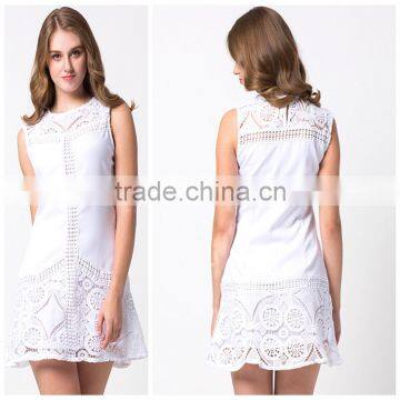 Fashion sleeveless short white summer women lace dress