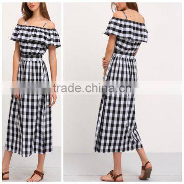 Woman Black and White Plaid Off The Shoulder Short Sleeve Summer Casual Dress