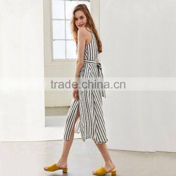 HAODUOYI Sexy Stripe Lace-up Slit Women Dress V-neck Sleeveless Hollow Out Ladies Vestidos Front Double Ruffles for Wholesale photo-5