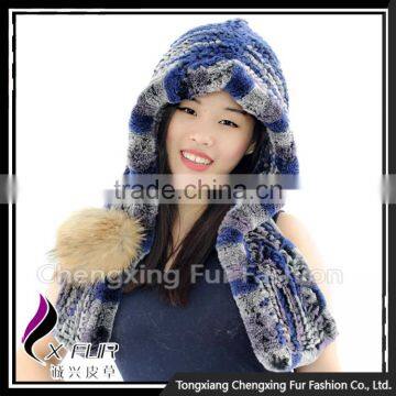 CX-C-242G Women Fashion Fur Hooded Scarf Winter Warm Rex Rabbit Fur Hat