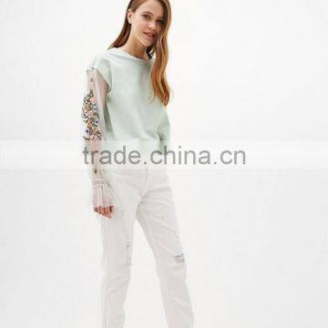 5159 Runwaylover Europea Style Ladies Green Embroider Floral Sleeve Hoodie