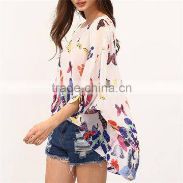 2017 Ladies Boho Batwing Sleeve Chiffon Butterfly Neck Design Blouse photo-3