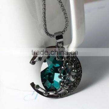 New Fashion Popcorn Chain Faceted Malachite Green & Black Rhinestone Gunmetal Moon Pendant Necklace photo-3