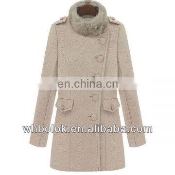 Fashionable ladies wool long coat with fur hood