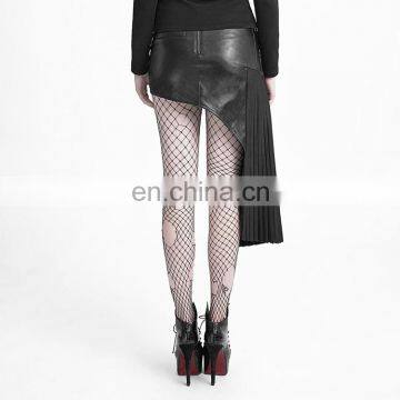 Q-274 Punk Rave Gothic Black High-low Asymmetrical Pleated Vegan Leather Skirt photo-4