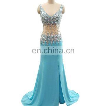 Luxury Rhinestones Evening Dress Long 2016 High Quality Side Split Chiffon Sweep Train Pageant Dress for Girls V-neck Prom Dress