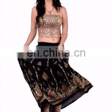 Skirts Wrap Tribal Peasant Sequin Gypsy Indian handwork Rayon Skirt Boho Hippie Casual Sequin Work Long Embroidered women Black