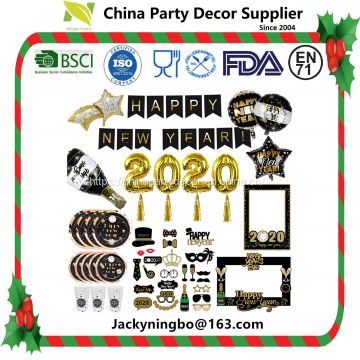 2020 Happy New Year Black Gold Party Supplies Party-ware Set Disposable Tableware Balloons Paper Cup Plate Napkin Straws Photo Props Partyware Set Kids Birthday Party Decoration.