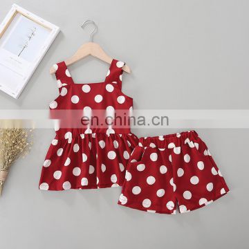 2020 fashion Summer Chiffon 2pc Girl Set Girls Outfits Clothes dot suspender shirt dress pocket short girl Set