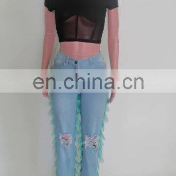 Trendy Clothes Pants Jeans Women High Waist Girls' Pants Matching Mesh Denim Jeans Two Piece Pants Sets For Women