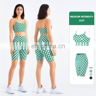 Checkerboard Women Two Piece Yoga Sets High Waist Recyclable Shorts Oem Bra