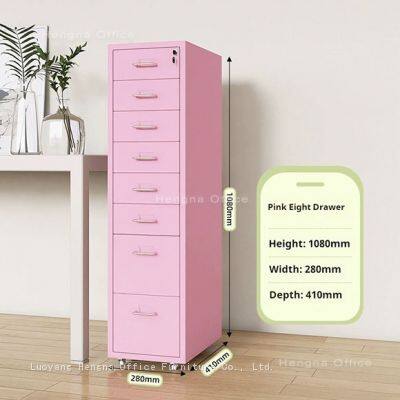 HN-SSC8 Caja de almacenamiento de metal, color rosa/azul pastel con soportes para etiquetas, pedestal de oficina de múltiples cajones para estudios y escuelas, color personalizado de fábrica