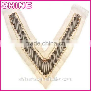 Garment accessory Deep V Shape trims,Cheap OEM/ODM Plastic Beads Handmade Sew on Net Cloth Collar Neck Lady Designs