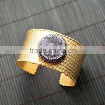 LFD-B0040 Gold Plated Pave Rhinestone Crystal Natural Drusy Agate Geode Druzy Gemstone Cuff Bangle Bracelets