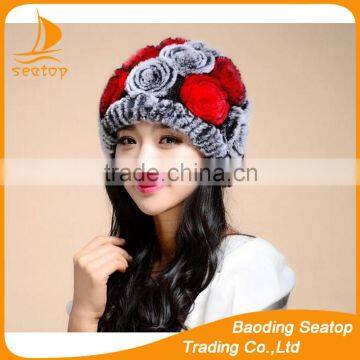 Ladies warm rex rabbit fur hat with rose decorate