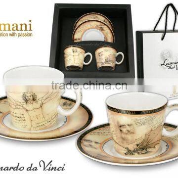 CARMANI gift set of two cups & saucers with LEONARDO DA VINCI artwork