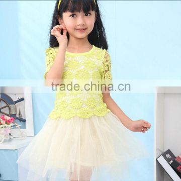 Lovely party dress for kids, short sleeve yellow lace skirt for girl