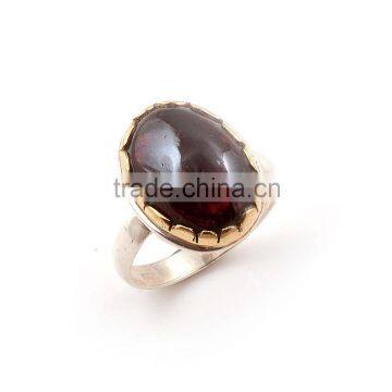 Handmade Two Tone 925 Silver Brass Ring With Garnet