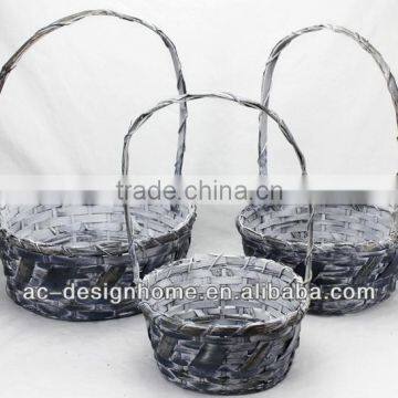 S/3 DK. BLUE WASH ROUND BAMBOO CHIP BASKET W/HANDLE