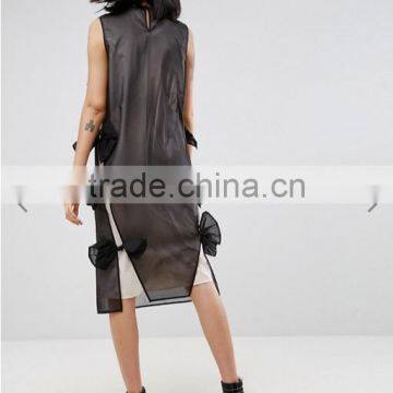Summer Dress For Women Black Lightweight Organza Contrast Lining Crew Neck Bow Detail Midi Organza Dress photo-2