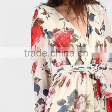 Women Clothing/women Dresses/Rose Print Cuffed Long Sleeve Belted Wrap Dress photo-2