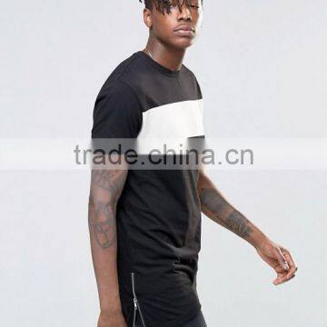 Men's Longline Short Sleeve T-Shirt with Side Zipper Black Extra Long T Shirt with Contrast Chest Panel Wholesale