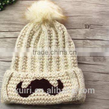 Cartoon Smile Face Lovely Acrylic Knitted With Faux Fur Ball Beanie Women Men Autumn Winter Cap Warm Hat photo-5