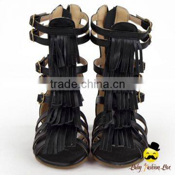 Kids Summer Plain Black PU Fringe Gladiator Boots With Zipper Little Girl Flattie Snadals Shoes photo-2