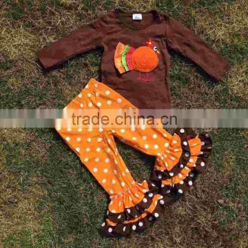 baby girls clothes thanksgiving outfit Fall clothes girls thanksgiving Orange white dots pants sets brown turkey clothing