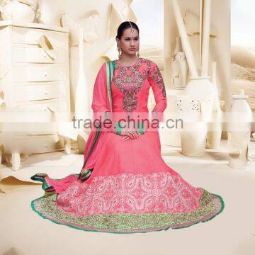 Salmon color on Bronze kundan heavy design at neck and border Anarkali Designer Semi Stitch Salwar Kameez