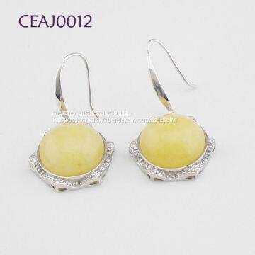 Yellow Round Silver Natural Jade Earring Jewelry For Women