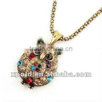 Antique Gold Metal Chain Necklace With Colorful Diamond Owl