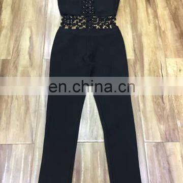 2017 new year Black sleeveless Metal buckle Low-cut Midriff Bandage Jumpsuit sexy tights long pants for women