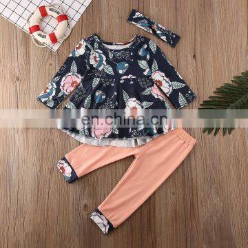 2020 Fall Winter Baby Girls  Boutique long Flare Sleeve  O-Neck Peplum Flower Two Piece rufflers dress  Outfits