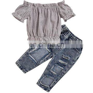 Usa Clothing Kids Baby Girls Summer Striped Tops Pullover T-shirts Hole Denim Pants Jeans Toddler Girl Clothing Sets 2pcs Sets photo-2