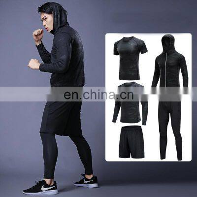 Gym Sports Quick Dry T-shirt Tights Five Pieces Suit Set Men's Running Fitness Clothes